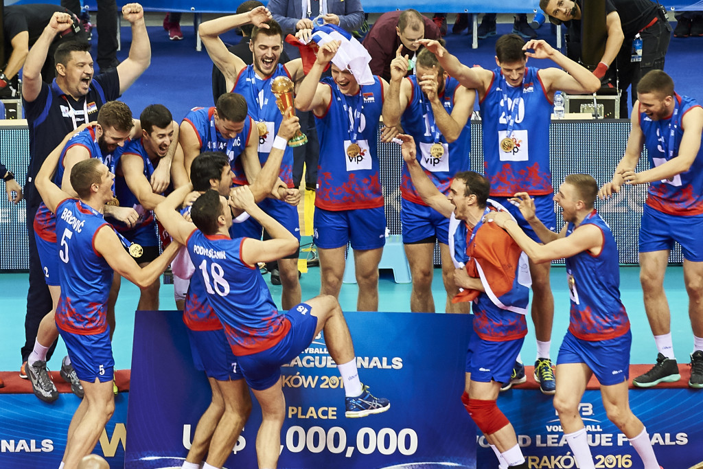 Serbia, seen here celebrating last year's FIVB World League final victory, will come up against Olympic gold medallists Brazil ©Getty Images