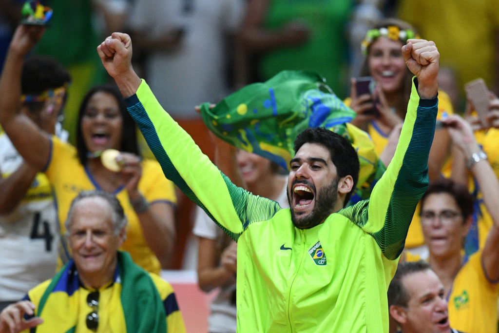 Brazil's Evandro M Guerra cheers after seeing his team win Olympic gold at Rio 2016 ©Getty Images