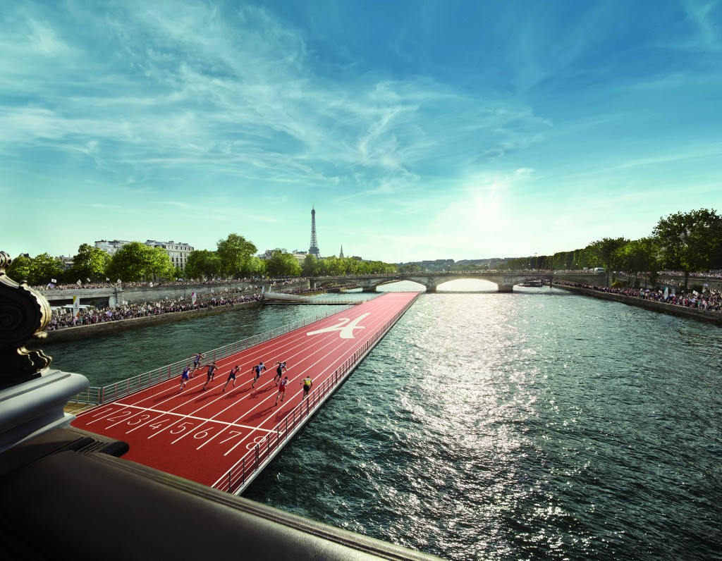 A floating athletics track on the River Seine will be used as part of the Olympic Day celebrations ©Paris 2024