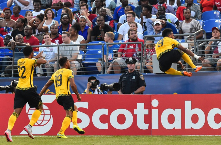 Jamaica's Giles Barnes celebrates his winning goal against Haiti