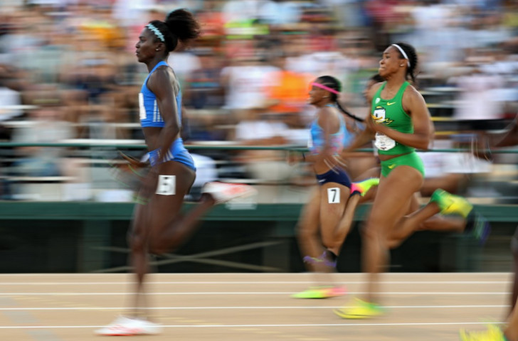 Olympic silver medallist Tori Bowie en route to winning the women's 100m title in 10.94 at the USATF World Championship Trials held at the Hornet Stadium in Sacramento ©Getty Images