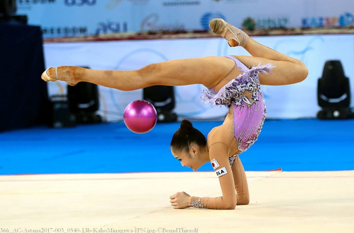 Japan's Kaho Minagawa earned silver in the all-around finals of the ninth Asian Rhythmic Gymnastics Championships in Astana ©AGU/Bernd Thierolf