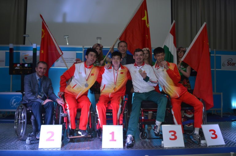 Zhong Sai Chun, second left, won the men's individual foil A final ©Monika Dąbrowska/Integration Sports Club AWF Warsaw
