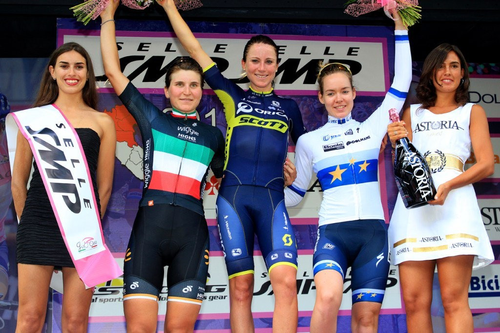 Annemiek van Vleuten, centre, celebrates her second stage victory in the women’s Giro d’Italia ©GiroRosaCycling