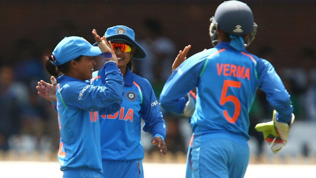 Ekta Bisht, left, celebrates after claiming one of her five wickets ©ICC