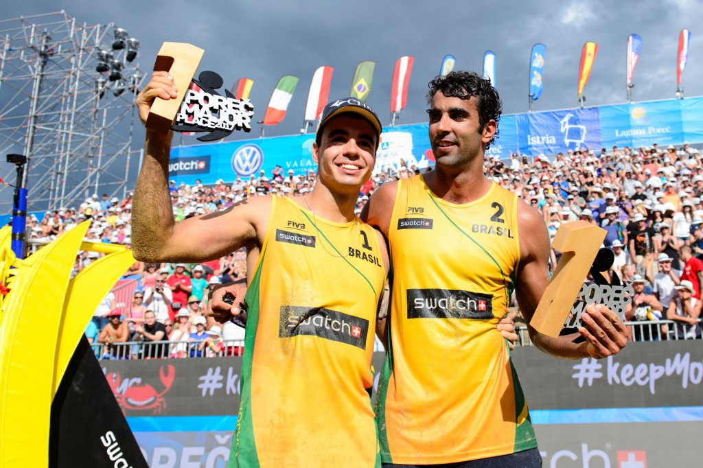 Gustavo "Guto" Carvalhaes, left, and Pedro Solberg celebrate their FIVB World Tour win in Poreč ©FIVB