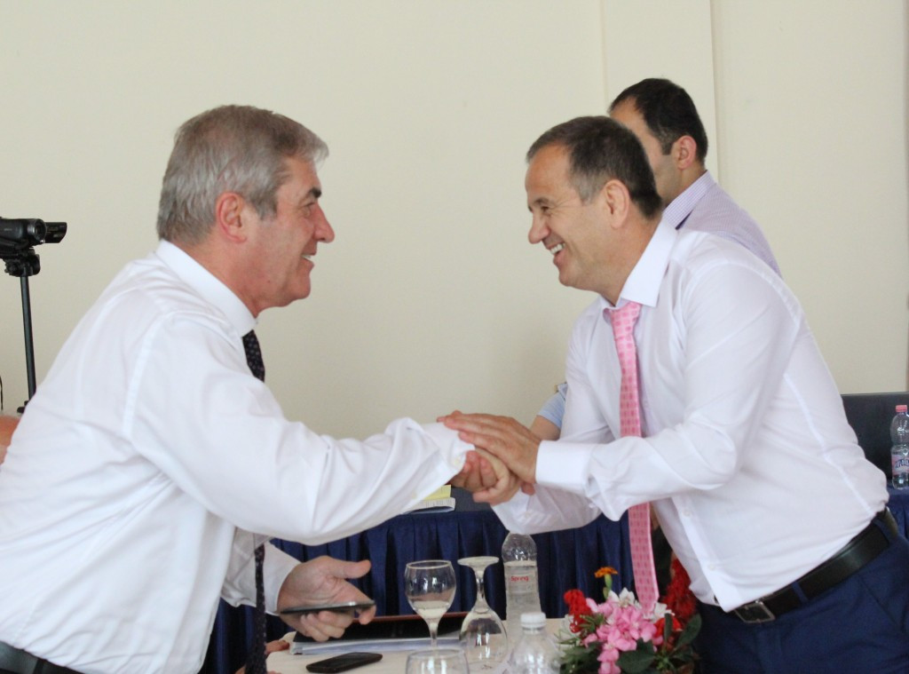 Viron Bezhani, right, has been re-elected as President of the National Olympic Committee of Albania ©KOKSH
