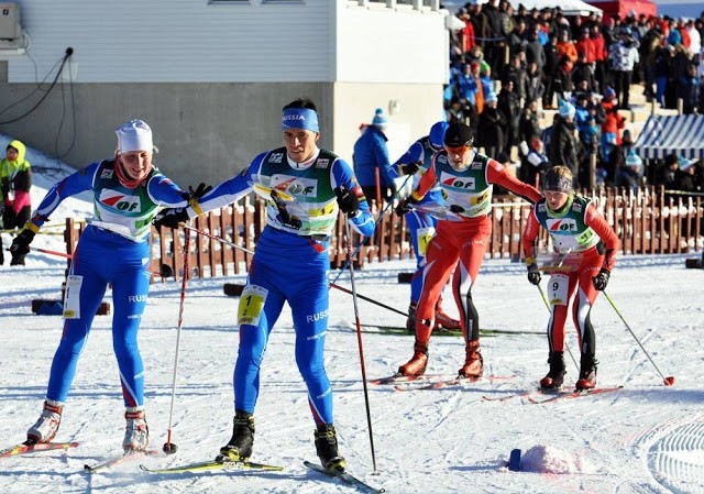 Russia's Polina Frolova, left, had won the gold medal in the mixed sprint relay with Andrey Lamov, right, at the European Ski Orienteering Championships in Imatra in February ©ESOC 2017