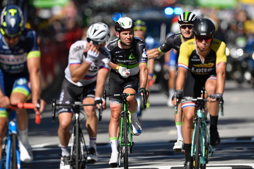 Britain's Mark Cavendish finished the fourth stage of the Tour de France injured after appearing to be elbowed by Slovakia's Peter Sagan and pushed into the roadside barriers ©Getty Images
