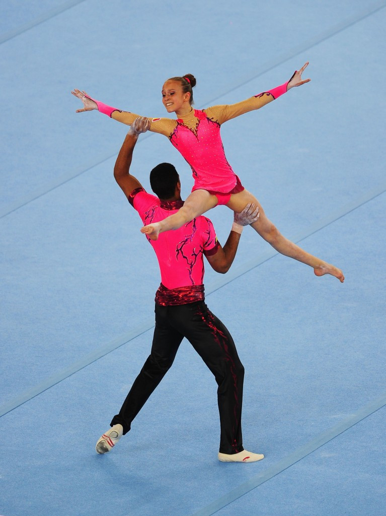 Acrobatic gymnasts in action at the inaugural 2015 European Games in Baku ©Getty Images