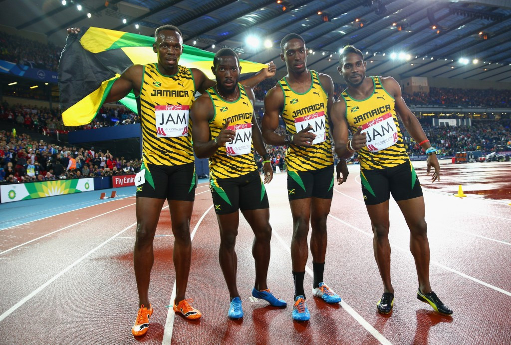 Jason Livermore, right, won 4x100m gold at Glasgow 2014 alongside Usain Bolt, left, Kemar Bailey-Cole, second from right, and Nickel Ashmeade, second from left ©Getty Images