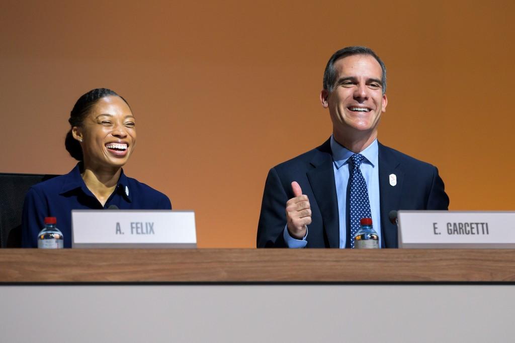 Eric Garcetti, right, and Allyson Felix were key speakers for Los Angeles ©Getty Images