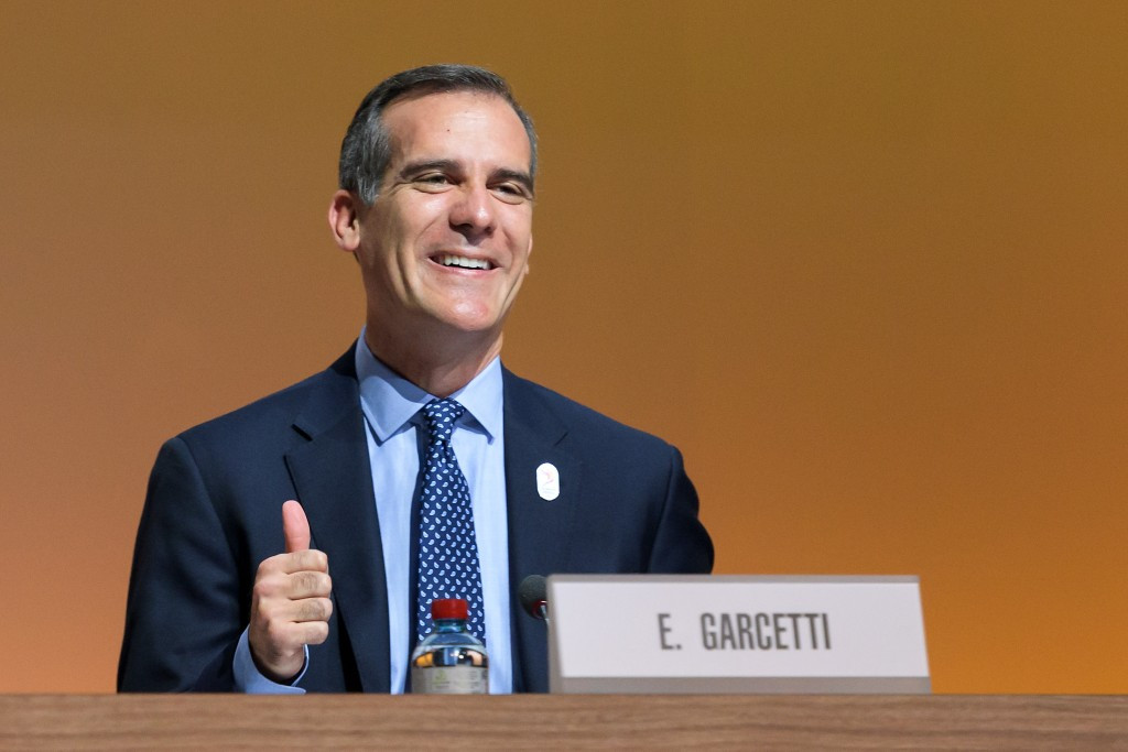 Eric Garcetti pictured during the Los Angeles 2024 bid presentation ©Getty Images