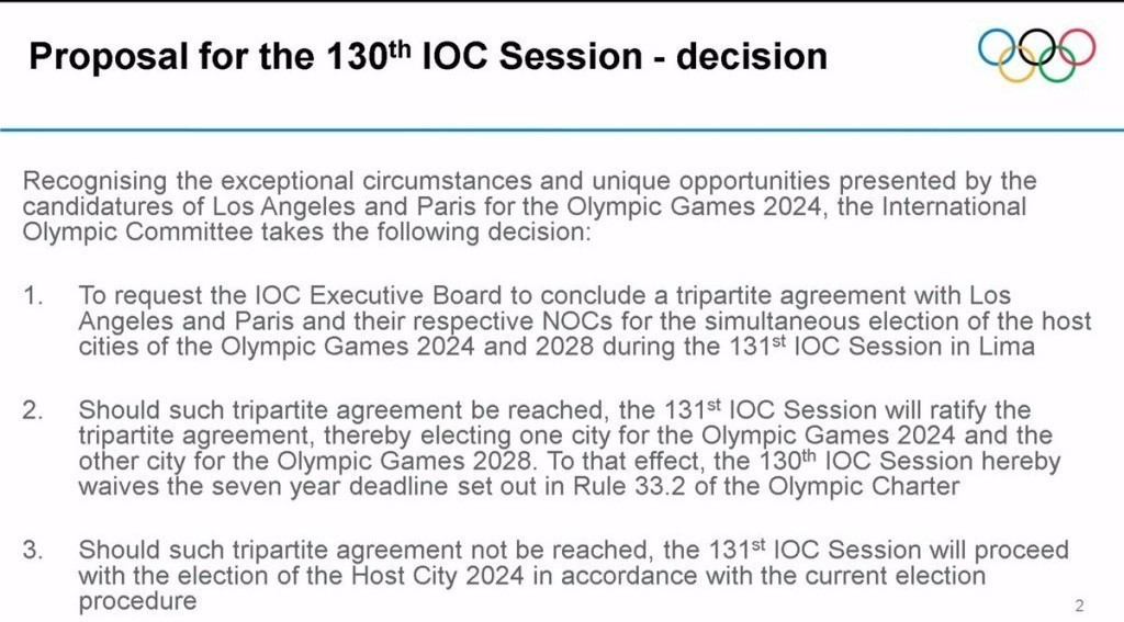 IOC proposals on the joint awarding of the 2024 and 2028 Olympics ©IOC
