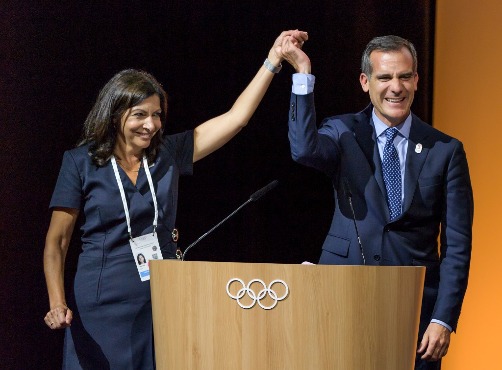 Respective Paris and Los Angeles Mayors Anne Hidalgo and Eric Garcetti both had something to celebrate in Lausanne this week ©Getty Images