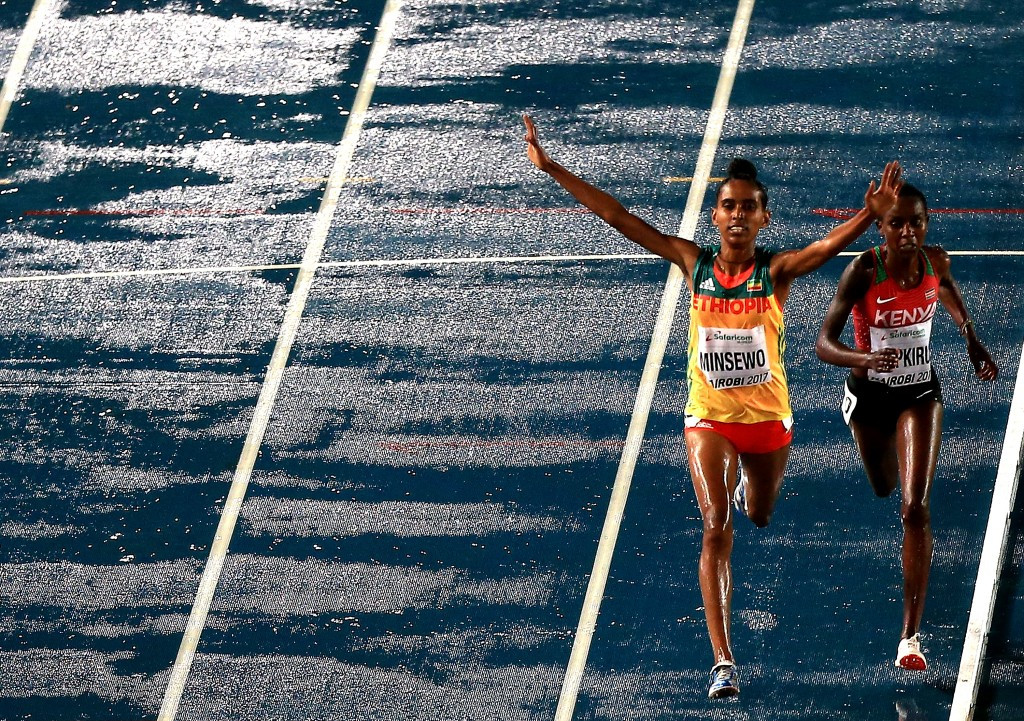 Abersh Minsewo of Ethiopia beat Emmaculate Chepkirui to secure gold in the women's 3,000m ©Getty Images
