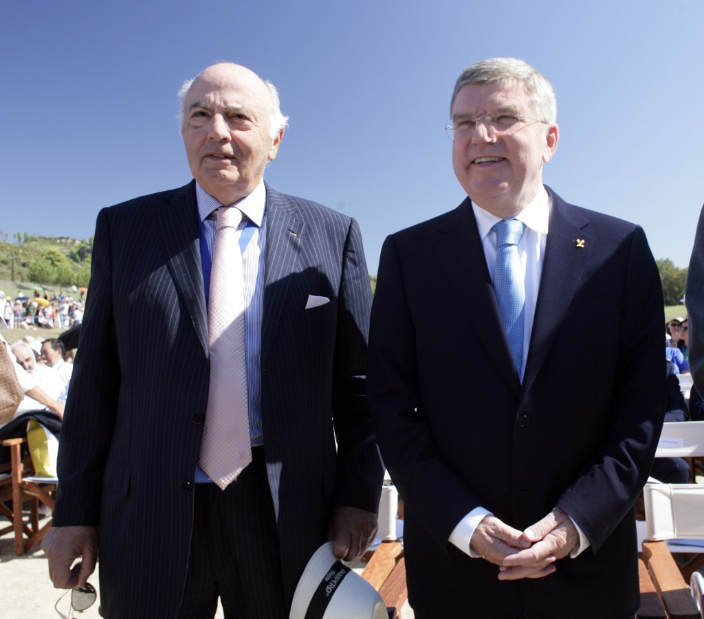 Lambis Nikolaou, left, pictured with IOC President Thomas Bach, is a key figure in the dispute ©Getty Images