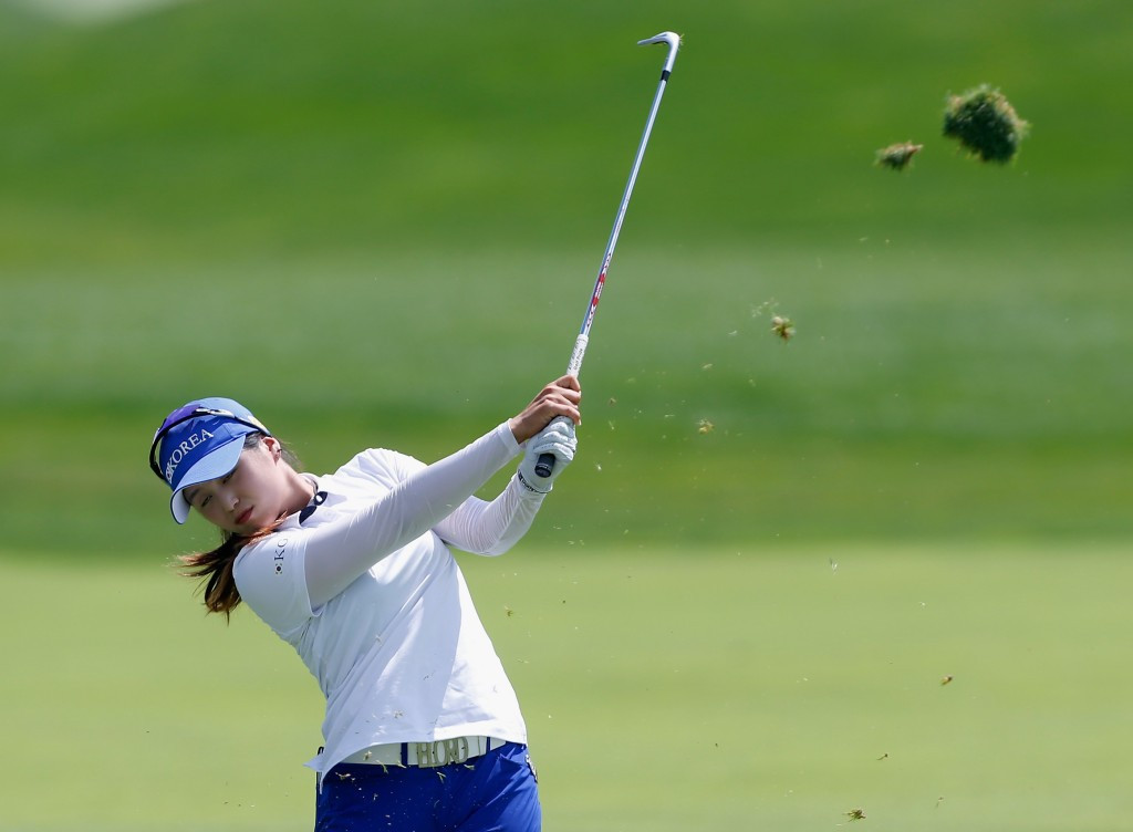 South Korean amateur Choi Hye-jin's hopes ended when she found the water on the 16th hole ©Getty Images