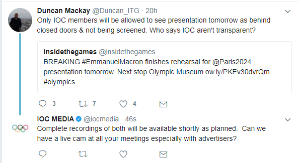 The IOC posted a hastily deleted tweet countering our criticisms of the lack of transparency. A similar tweet was posted soon after from the account of Presidential spokesman Mark Adams ©Twitter