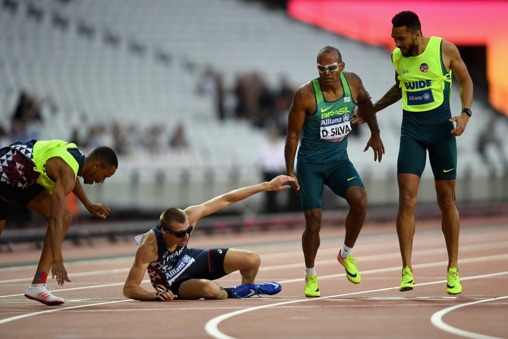 The men's 400m T11 final ended in disaster for France's Timothee Adolphe and Brazil's Daniel Silva ©Getty Images