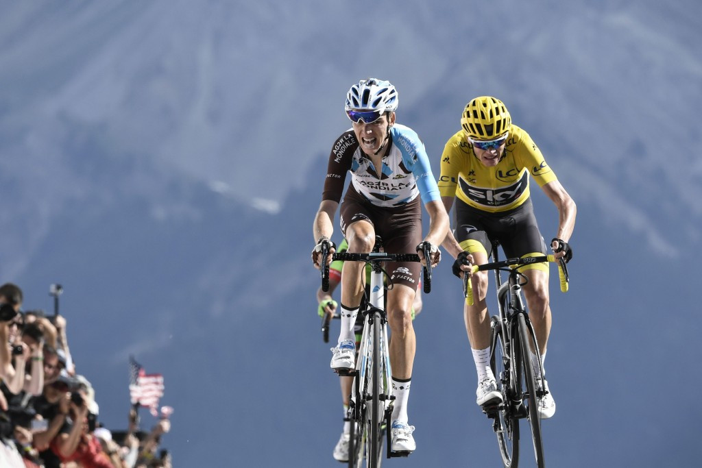Romain Bardet, left, sprinted to third to place second overall behind Chris Froome, right ©Getty Images