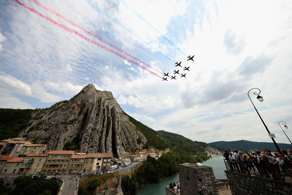 The Patrouille de France produced an aerobatic display as the stage progressed ©Getty Images