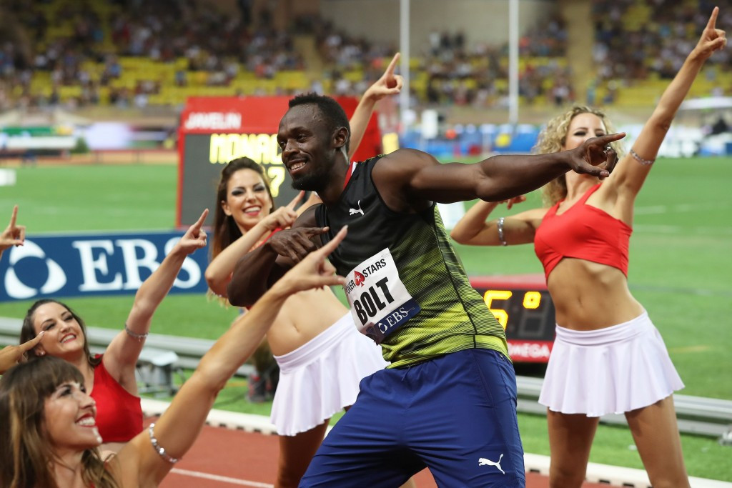 Usain Bolt and friends celebrate another 100m win at the IAAF Monaco Diamond League ©Getty Images