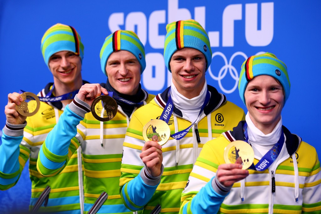Severin Freund with his German colleagues after winning gold in men's large hill team event at Sochi 2014 ©Getty Images