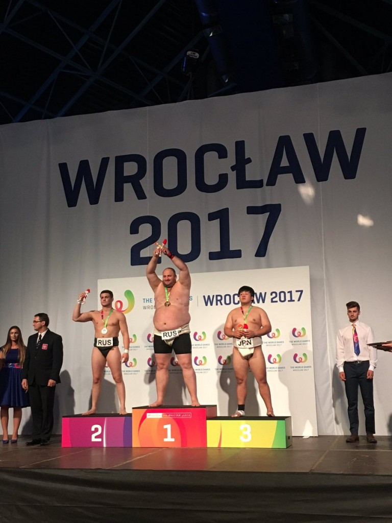 Russia's Vasilii Margiev, centre, claimed the open weight sumo wrestling gold today ©IWGA
