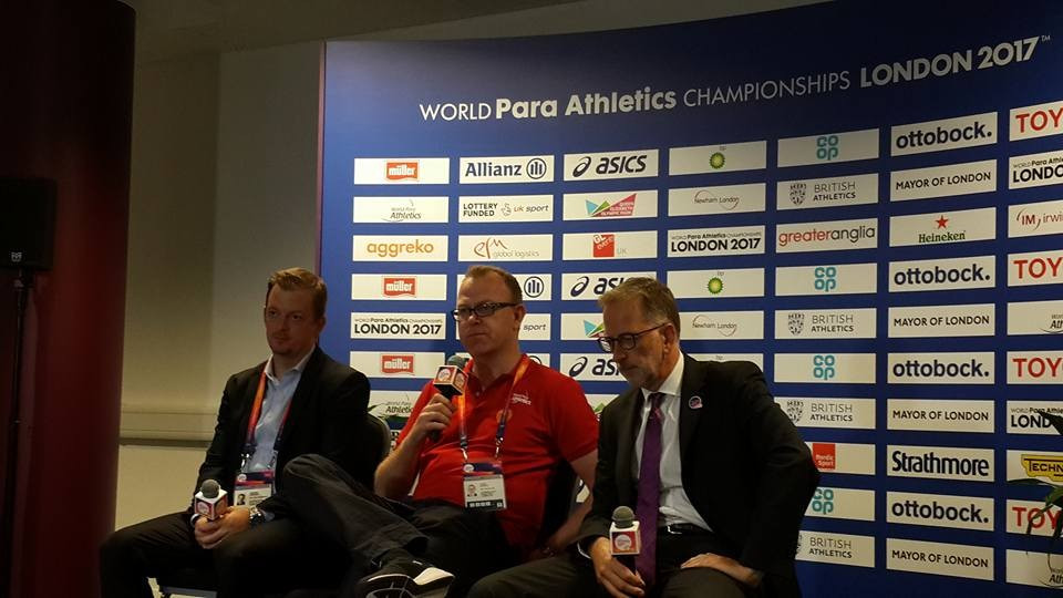 Ed Warner, right, was speaking at the closing press conference of the 2017 World Para Athletics Championships ©ITG