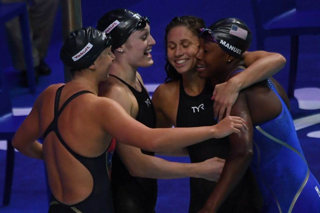 Katie Ledecky, left, won 400m freestyle gold before contributing to American success in the 4x100m freestyle relay ©Getty Images