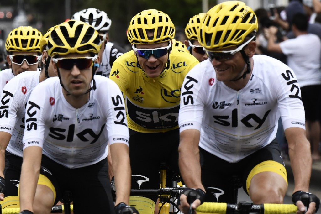 Chris Froome shares a joke with his Team Sky colleagues, who picked up the team title ©Getty Images