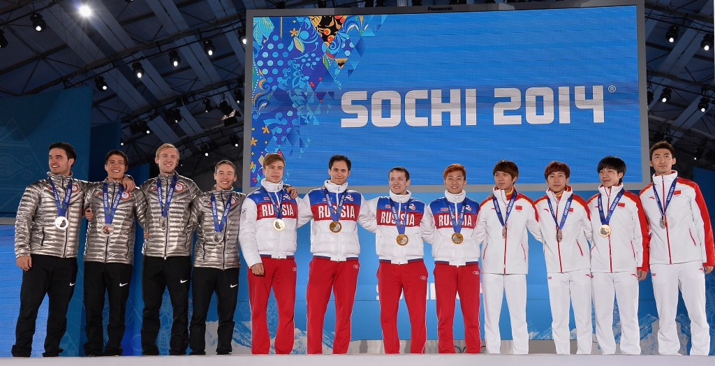 Eddy Alvarez, J.R. Celski, Christopher Creveling and Jordan Malone, left, claimed United States' only short-track medal at Sochi 2014 ©Getty Images
