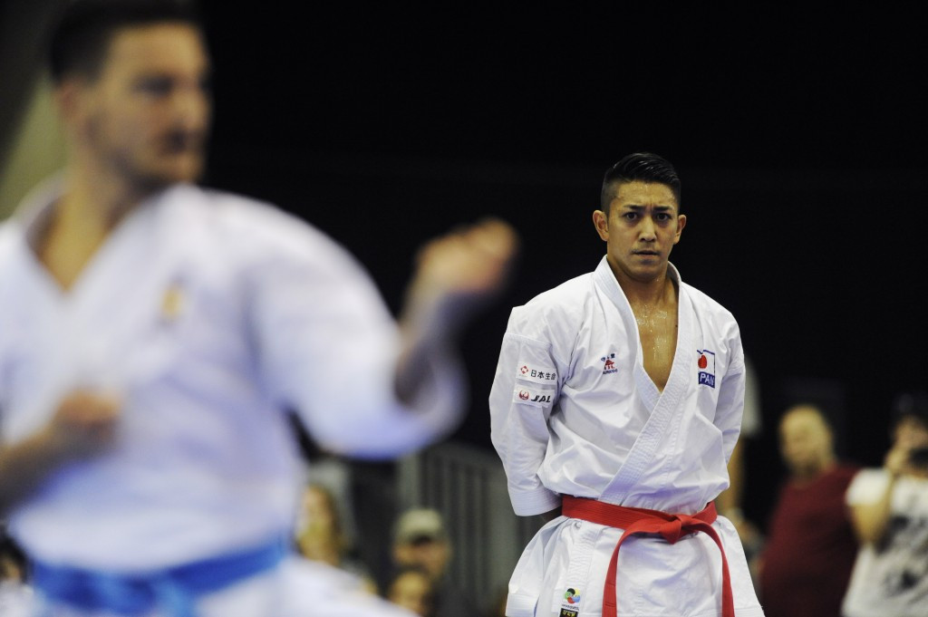 Ryo Kiyuna, right, beat Damian Quintero, left, in the men's kata final ©IWGA