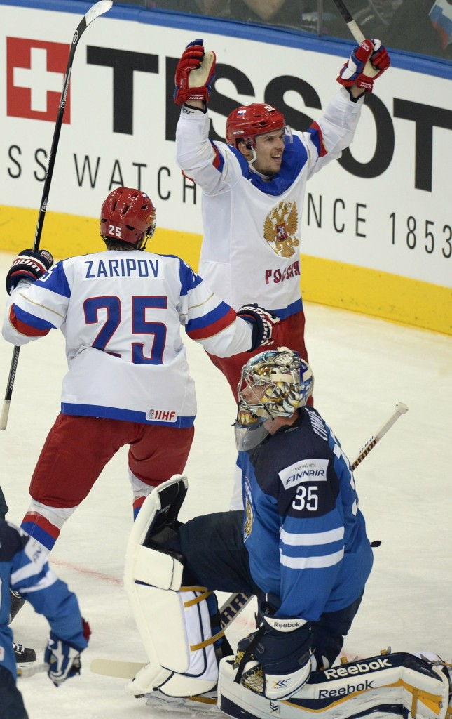 Danis Zaripov pictured celebrating a goal en route to Russia winning the 2014 World Championships ©Getty Images