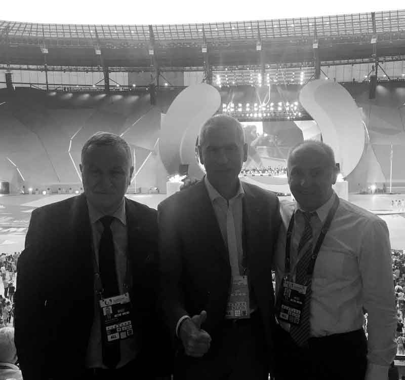 FISU President Oleg Matytsin, centre, with FISU vice-president Marian Dymalski, left, and EUSA President Adam Roczek, right, at the World Games Opening Ceremony ©FISU