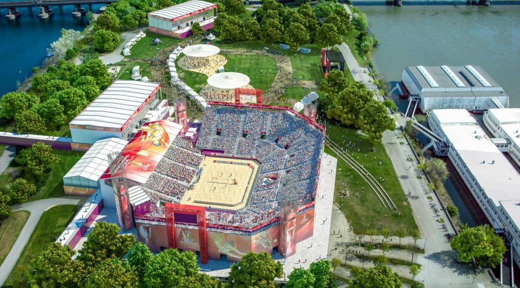 The Red Bull Arena on Danube Island in Vienna will have seating for 10,000 fans during the FIVB Beach Volleyball World Championships where Clemens Doppler and Alexander Horst 
will carry Austria's hopes ©Red Bull