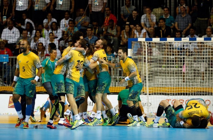 Brazil celebrate after clinching men's handball gold over Argentina ©Getty Images