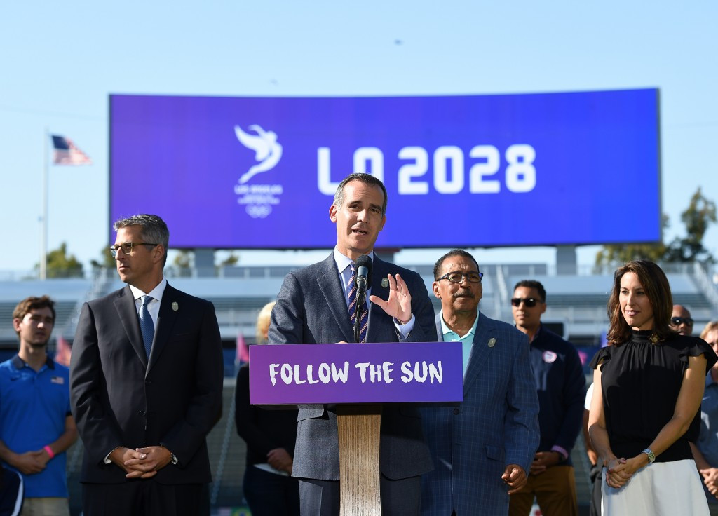 Los Angeles Mayor Eric Garcetti announced a deal for his city to host the 2028 Olympic and Paralympic Games ©Getty Images