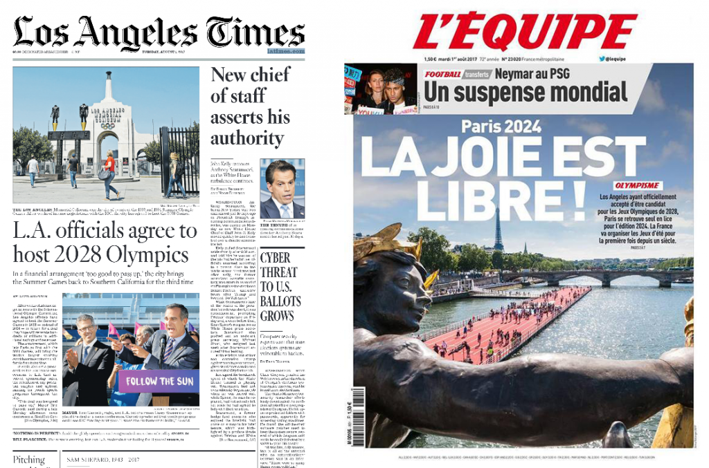 The announcement that Los Angeles would host the 2028 Olympics, leaving Paris to stage 2024, created front page headlines in the United States and France ©ITG