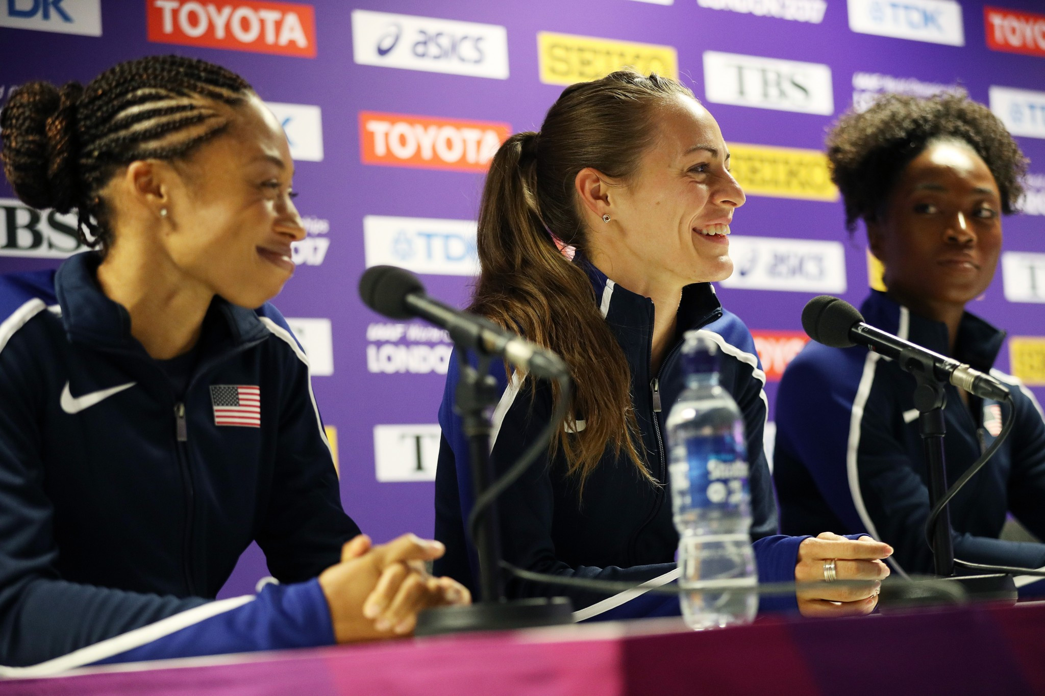 Jenny Simpson, centre, believes 10 years is too long for athletes to wait to receive reallocated medals ©Getty Images