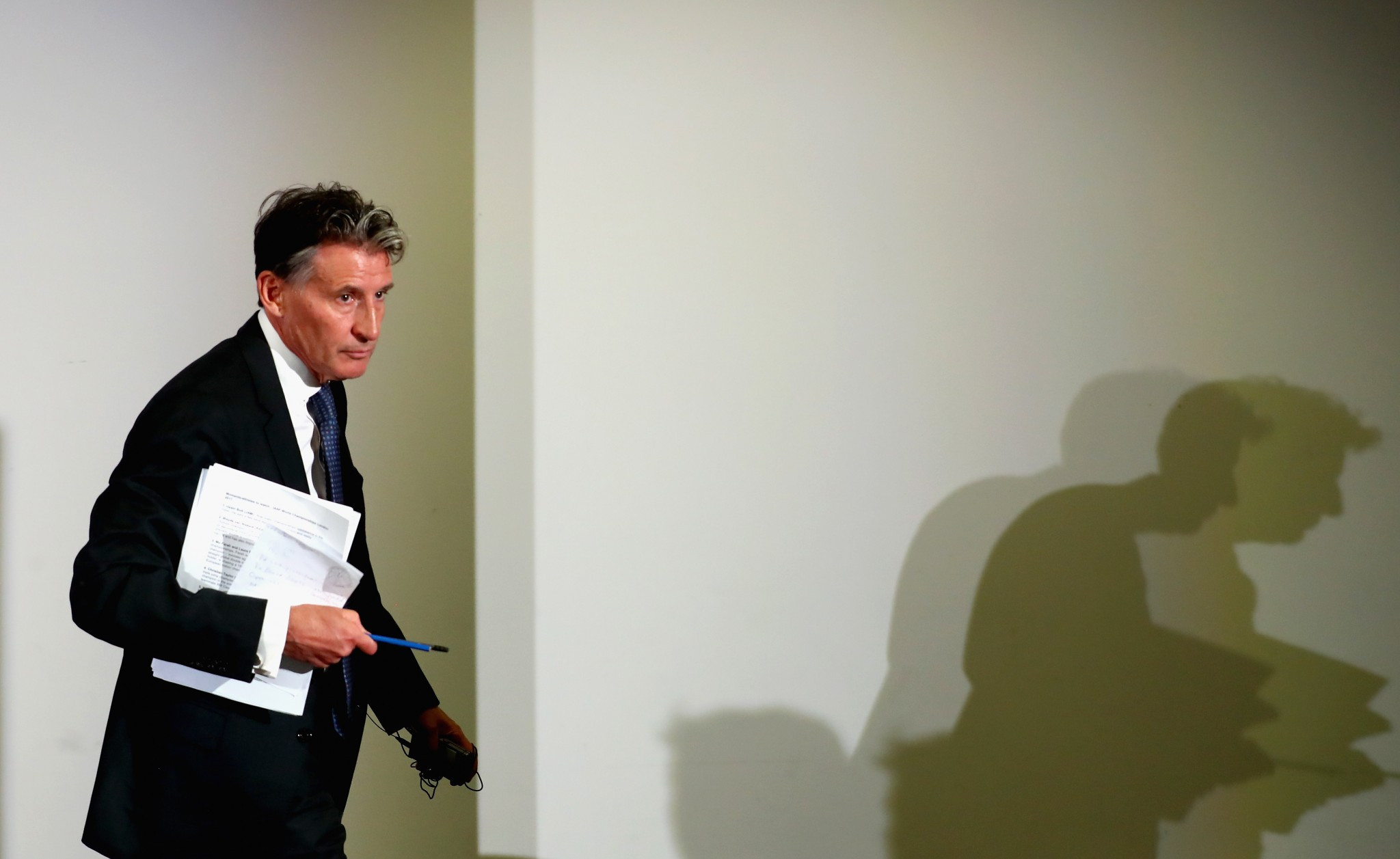 IAAF President Sebastian Coe gave a press conference at the end of the day ©Getty Images