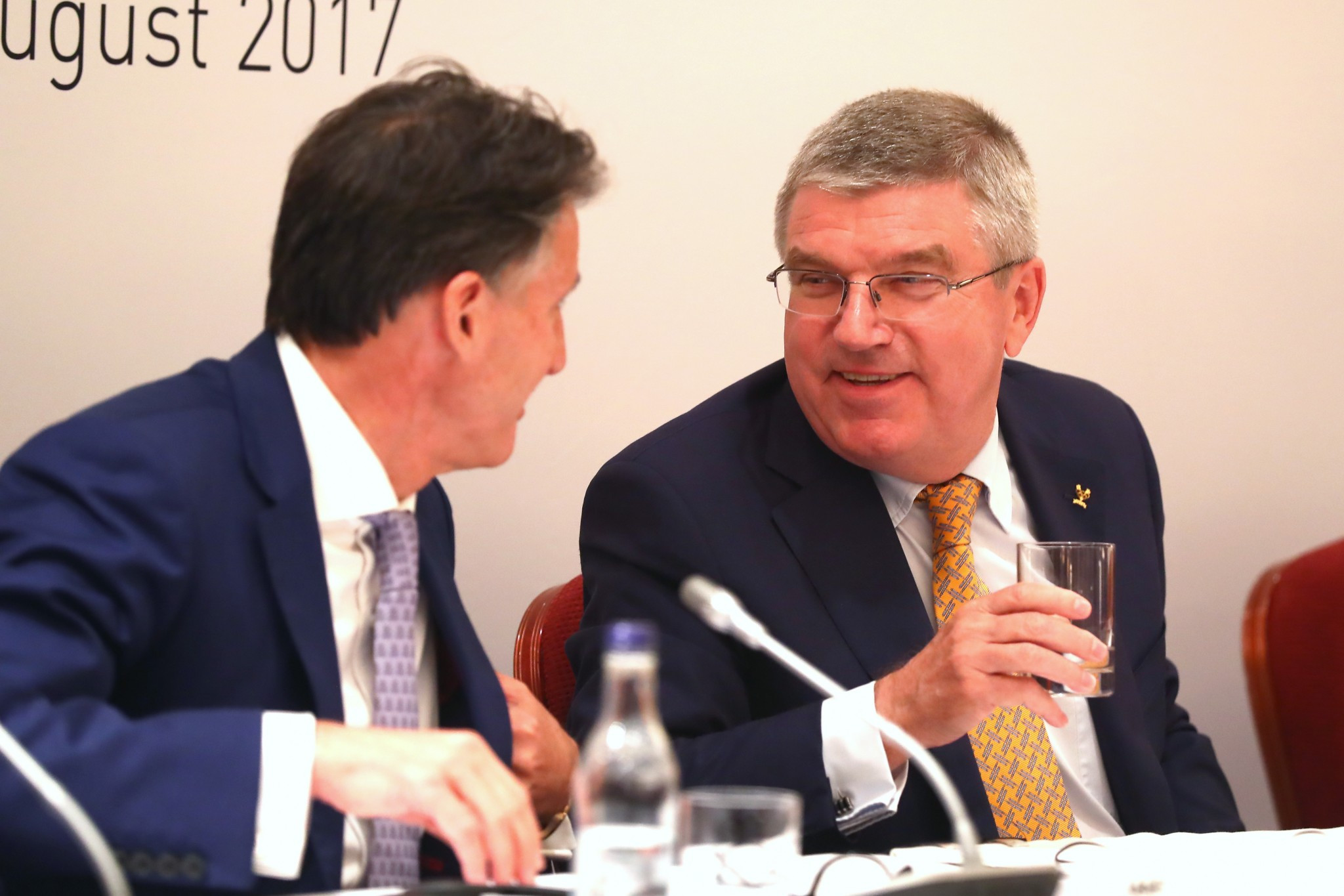 IAAF head Sebastian Coe and IOC counterpart Thomas Bach speaking after the joint meeting ©Getty Images