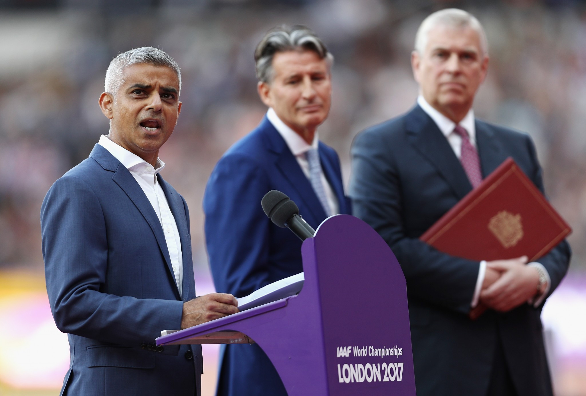London Mayor Sadiq Khan, left, spoke to open the World Championships as Sebastian Coe and Prince Andrew look on ©Getty Images
