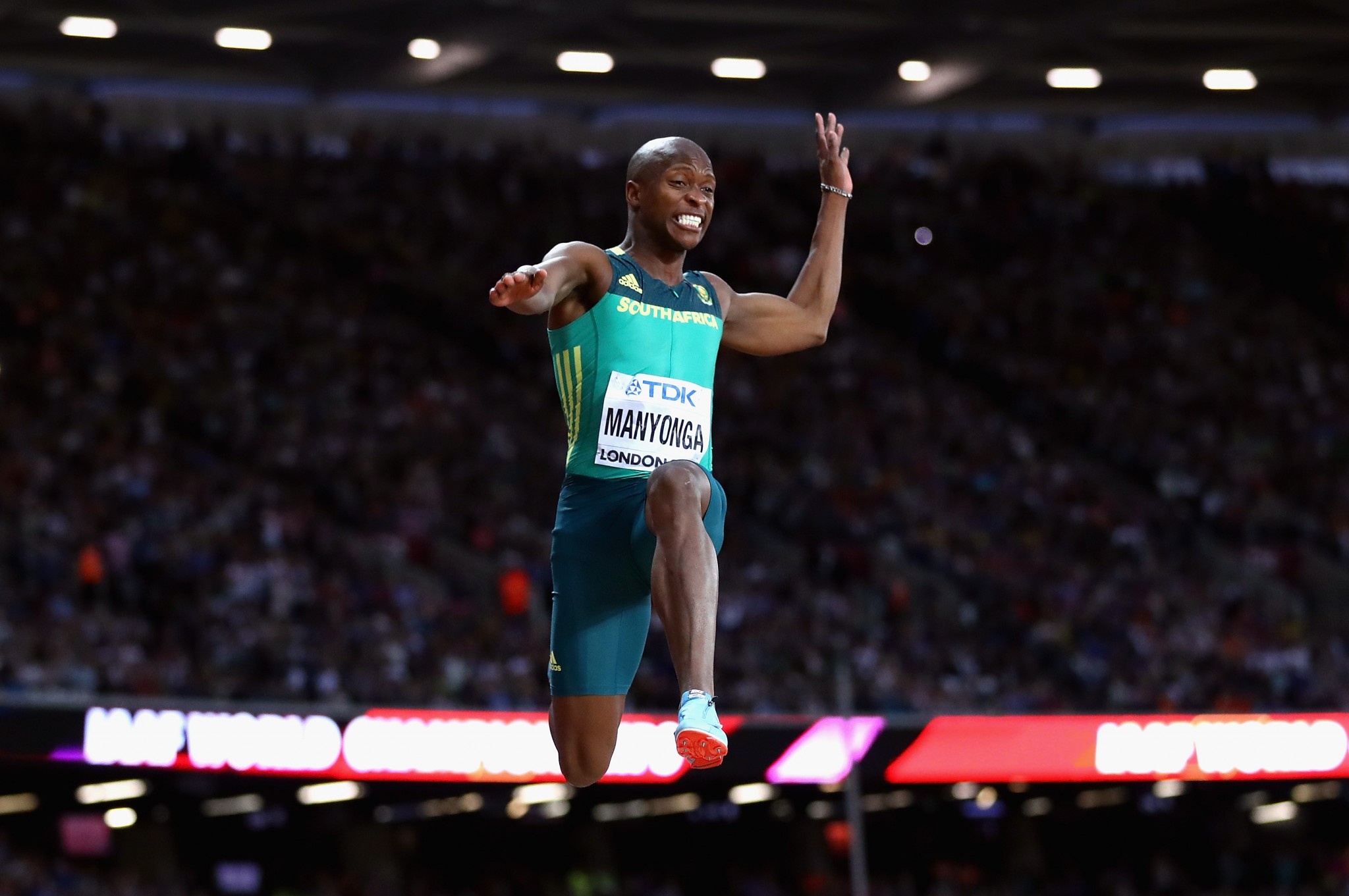 Luvo Manyonga pictured competing en route to victory in the men's long jump final ©Getty Images