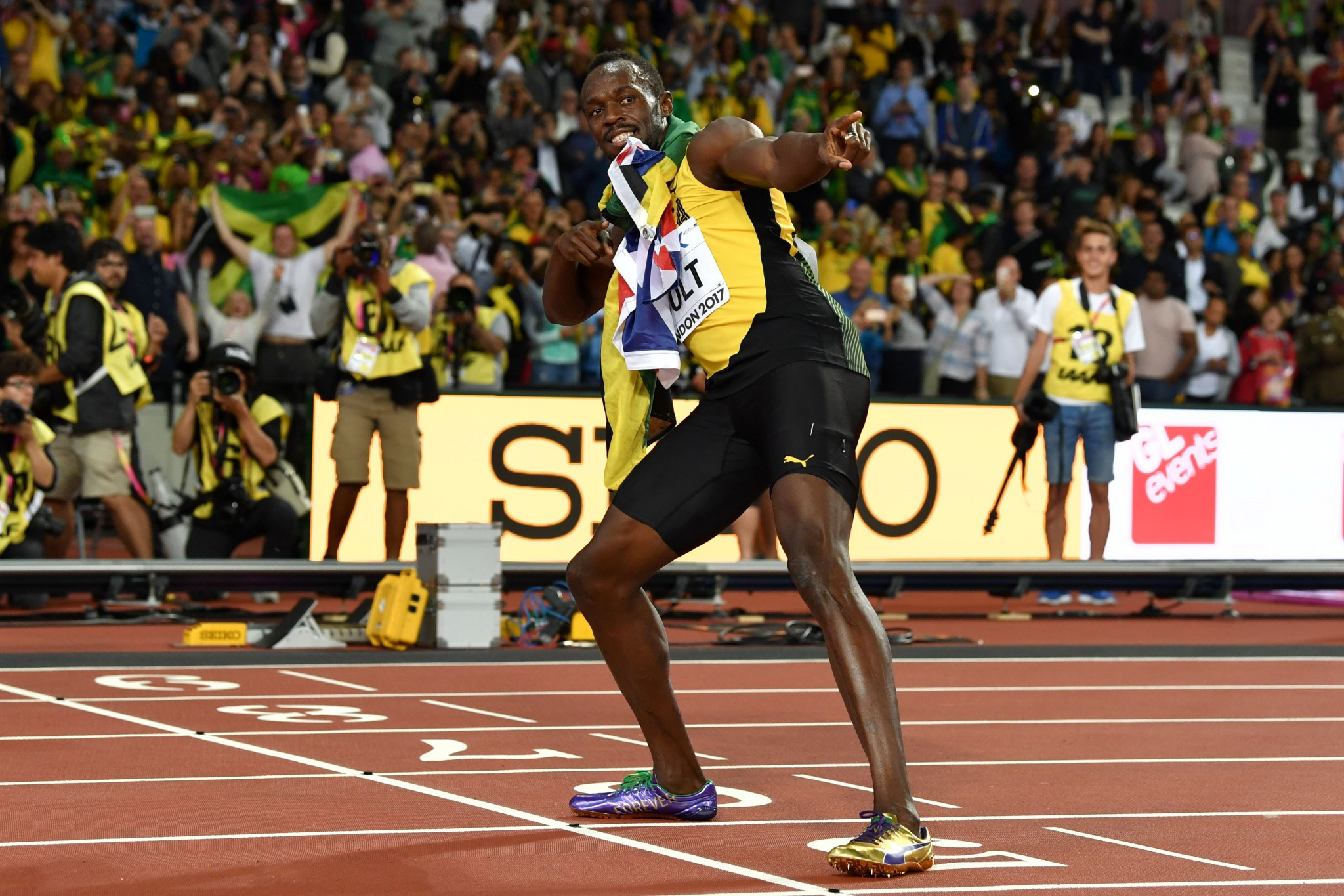 It was Usain Bolt who was still commanding all the attention after his third place finish ©Getty Images