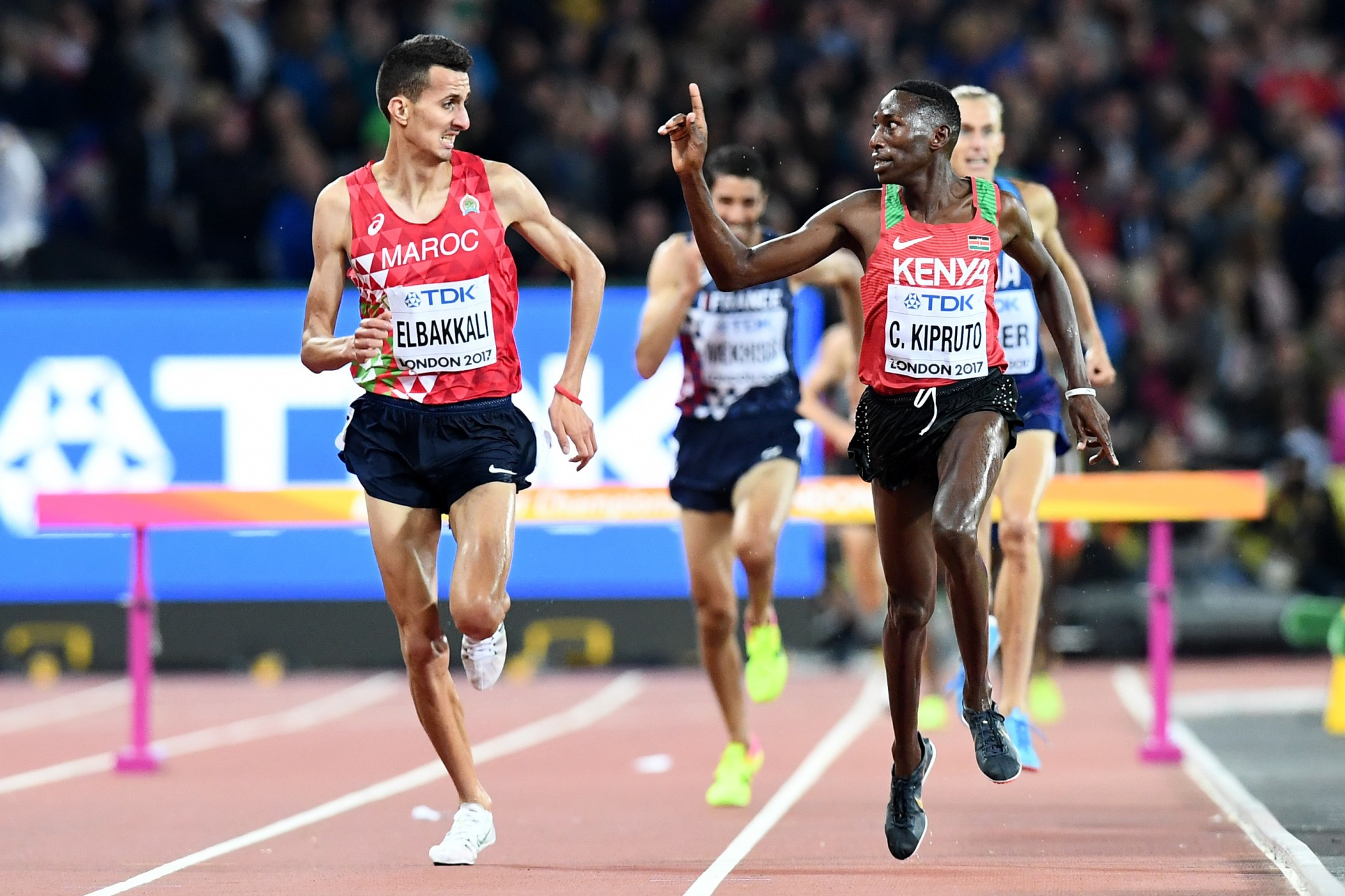 Steeplechase gold medallist Conseslus Kipruto had time to showboat before crossing the line to secure gold ©Getty Images