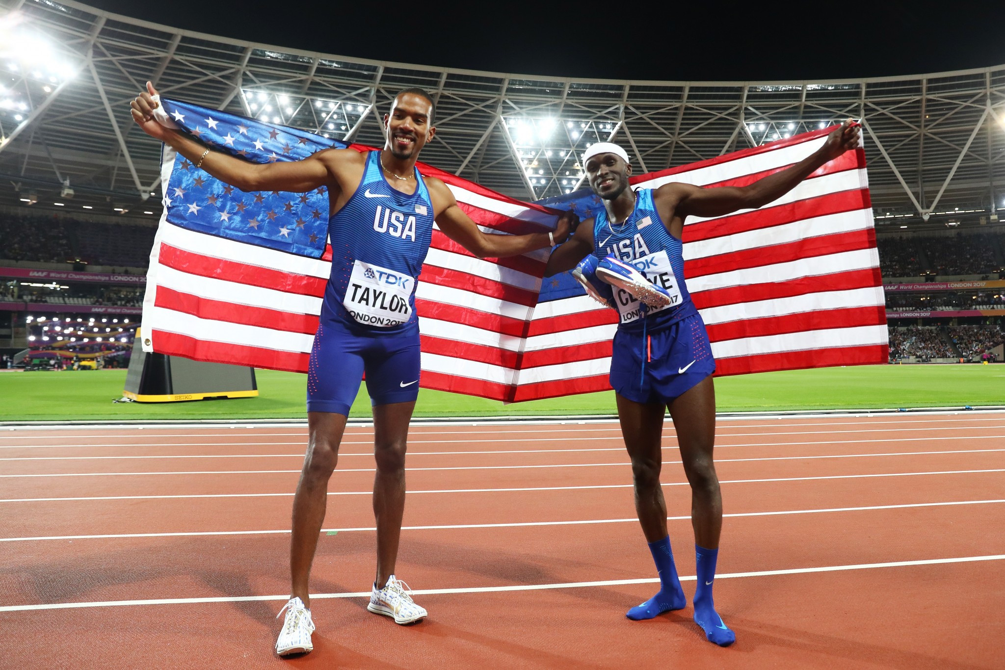 American gold and silver medallists Christian Taylor, left, and Will Claye, celebrate after the triple jump ©Getty Images