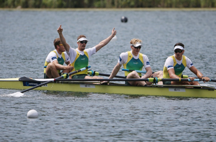 Australia's men's four celebrate victory at the Lucerne World Cup on July 12. But a bike crash has put Alex Lloyd (second left) with a broken collarbone and left two other crew members, Spencer Turrin (second right) and Alexander Hill (right) with injuries just over a month ahead of the World Championships in France ©Getty Images