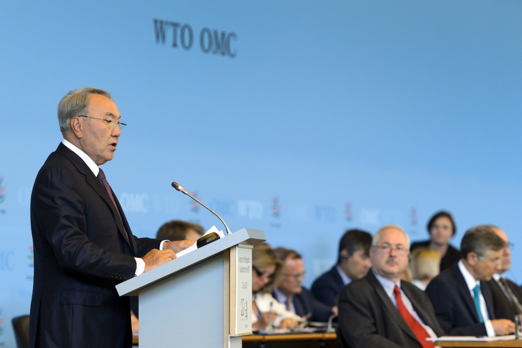 Kazakhstan President Nursultan Nazarbayev speaking this week in Geneva as the country was accepted as a member of the World Trade Organisation  ©AFP/Getty Images